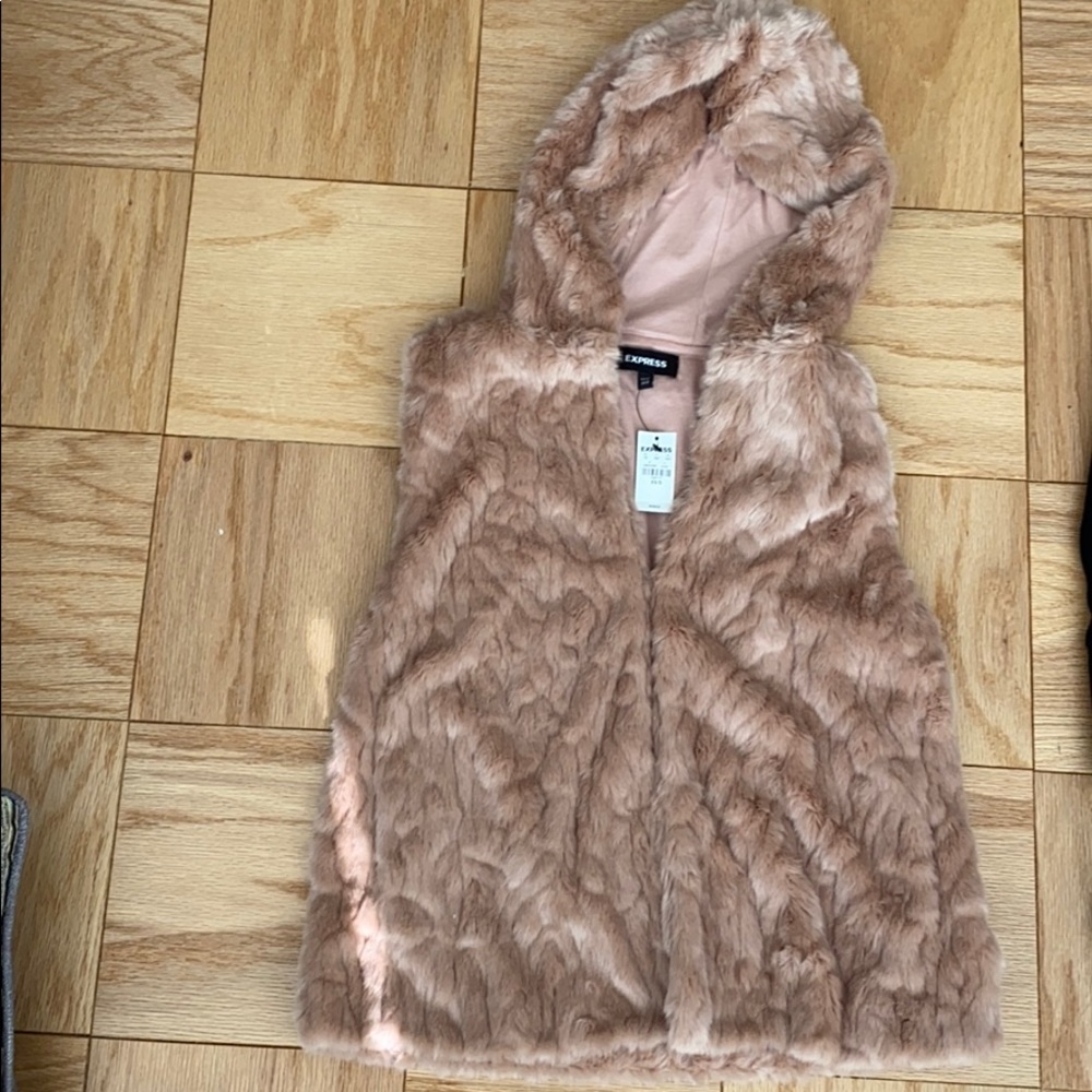 Express Faux Fur Pink Vest with Hood